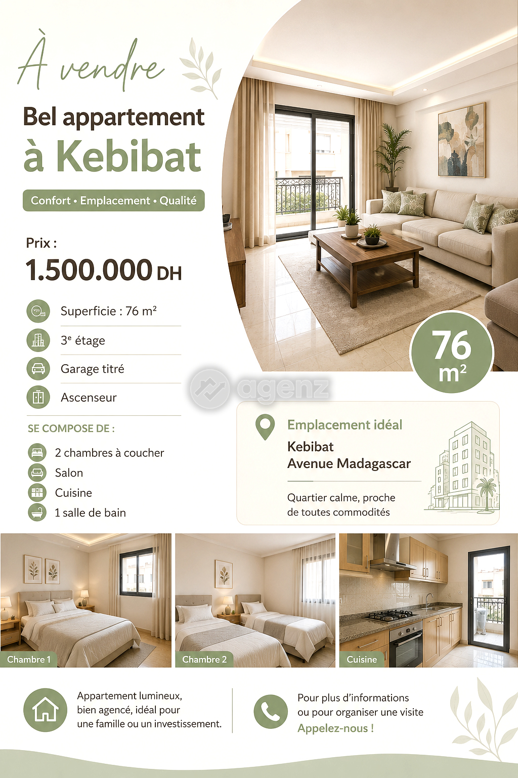 Élégant Appartement de 2 chambres A vendre à Kébibat