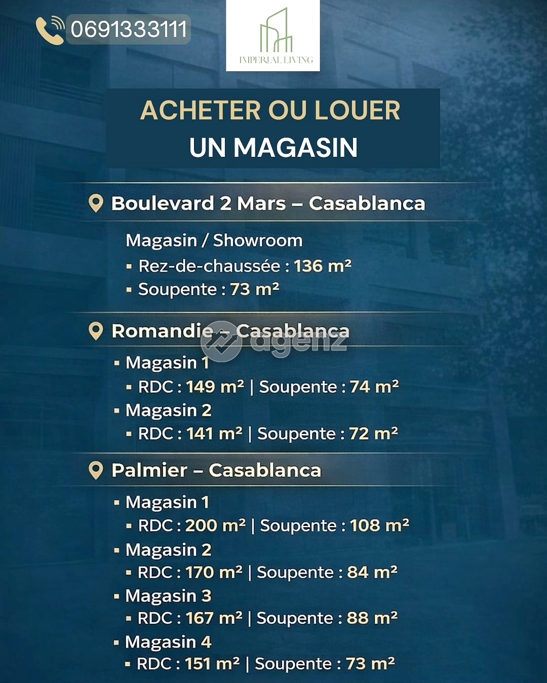 MAGASIN A LOUER OU A VENDRE /prix de location :
 2 MARS : 34 000DH /MOIS 
ROMANDIE : 30 000DH /MOIS 
PALMIER : MAG 1 : 44 000 DH / MOIS 
                 MAG 3 : 32 00 DH / MOIS 