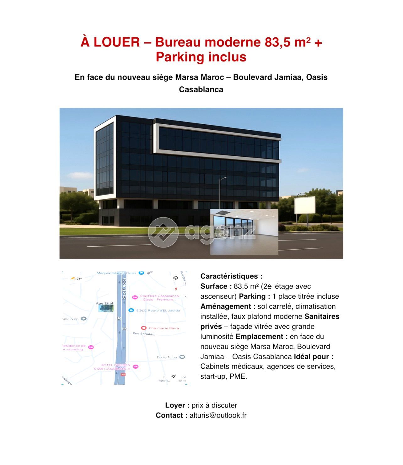 Bureau moderne 83,5 m2 + Parking inclus à louer
